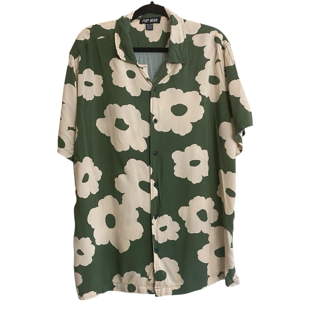 POP MAN Graphic Men's Green White Oversize Floral Camp Shirt Short Sleeve